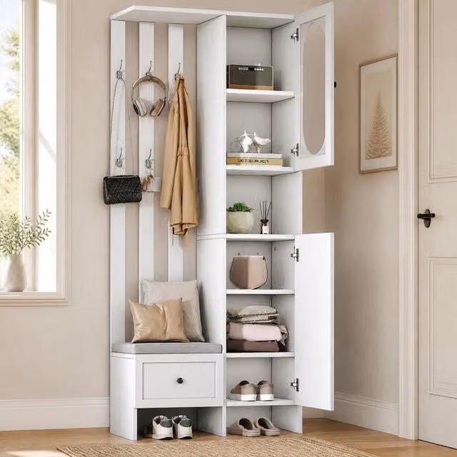 Armadio da ingresso REDOM bianco con ante in vetro, ripiani interni e appendiabiti, L 85 cm x P 33,5 cm x H 200 cm