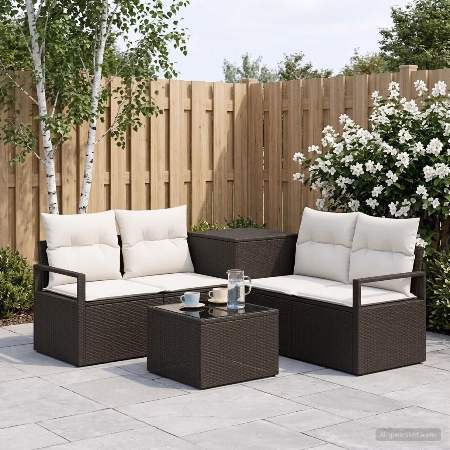 Set di divani da giardino vidaXL in polyrattan nero e bianco con cuscini e tavolino da esterno a forma di L