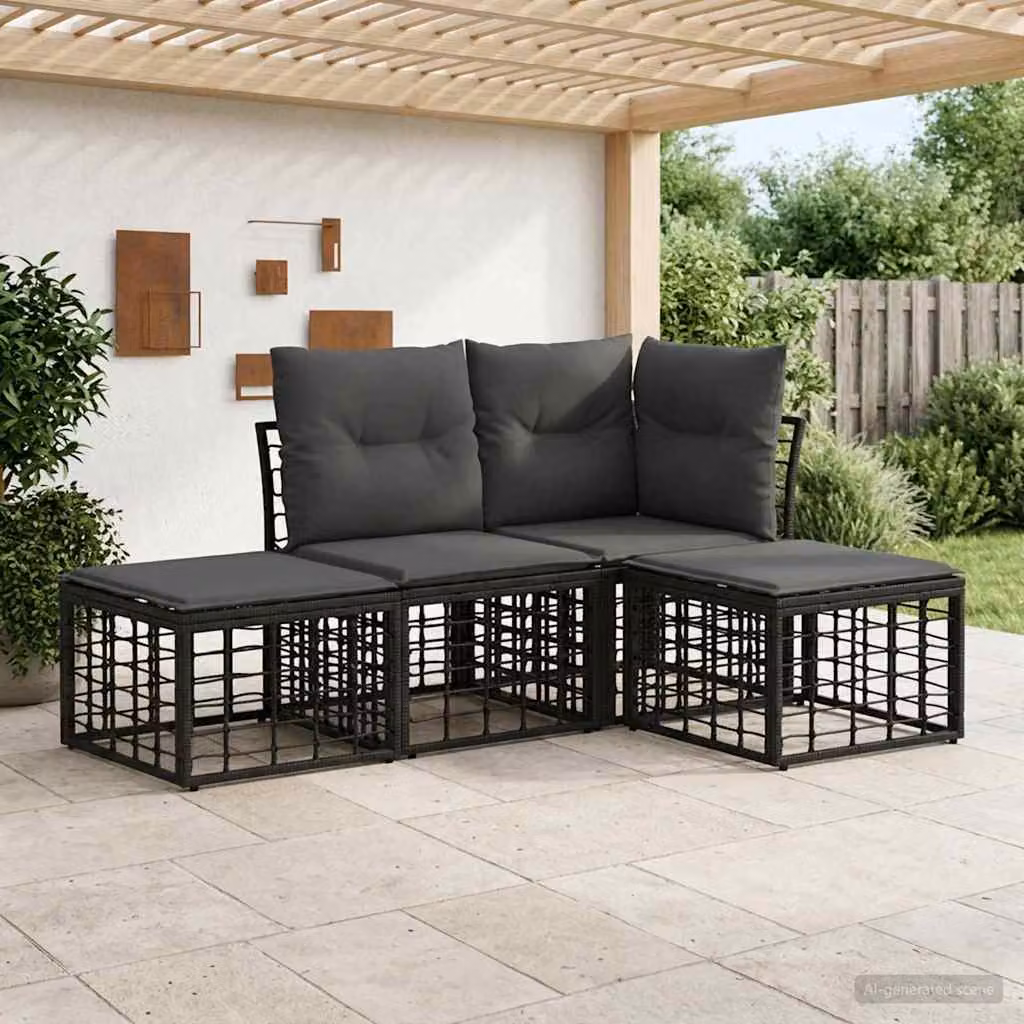 Set di divani da esterno a L vidaXL con pouf e cuscini, struttura in acciaio verniciato e tessuto nero