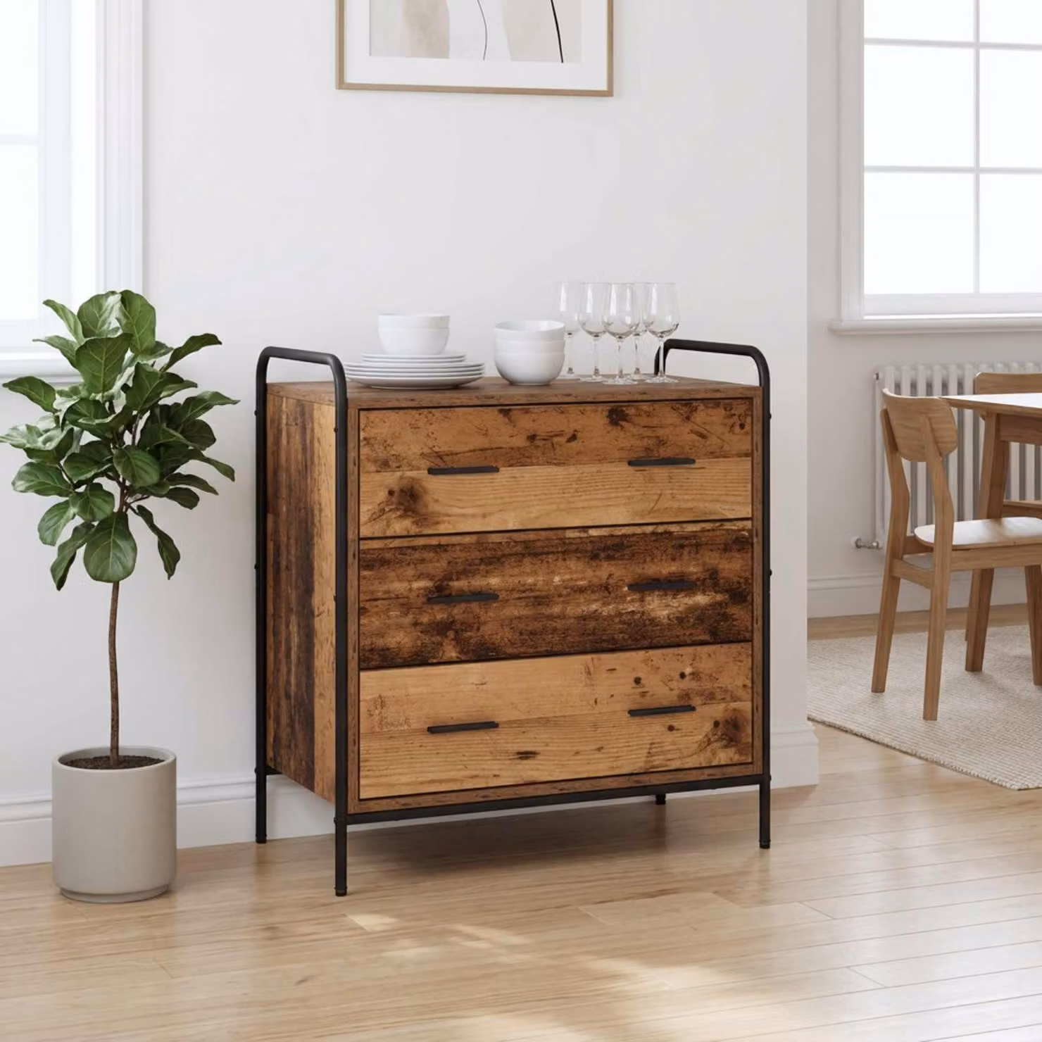 vidaXL Carrello Mobile con Cassetti in Legno Antico Marrone L: 70 cm, P: 39,5 cm, H: 71 cm