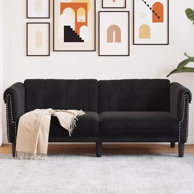 Divano a 2 posti moderno vidaXL in velluto nero per soggiorno L: 182 cm, P: 74 cm, H: 77 cm