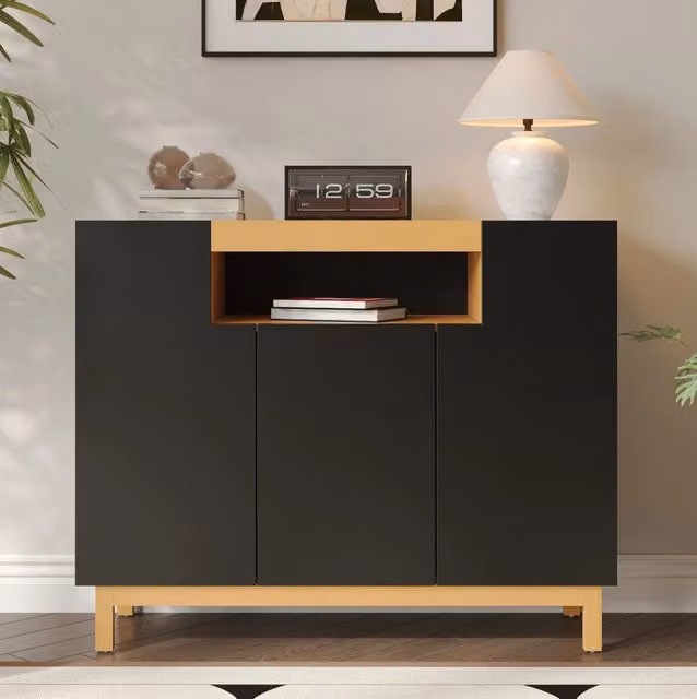 Credenza ULEVR 120,5x42x96 cm con 3 ante e vano aperto centrale, mobile contenitore nero effetto legno