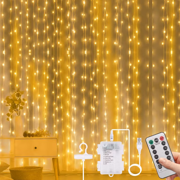 Tenda luminosa a LED, 3x3 metri, 300 LED, alimentazione USB, telecomando, grado di protezione IP65, luce bianca calda