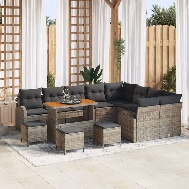 Set Divano da Giardino vidaXL a 12 posti in Forma a U con Tavolino e Ottoman, Grigio