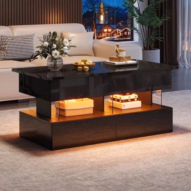 Tavolino da Salotto Sollevabile 100x50x46 cm, Piano Regolabile in Altezza, 2 Cassetti Nascosti, LED, Nero Lucido, MDF e Acrilico