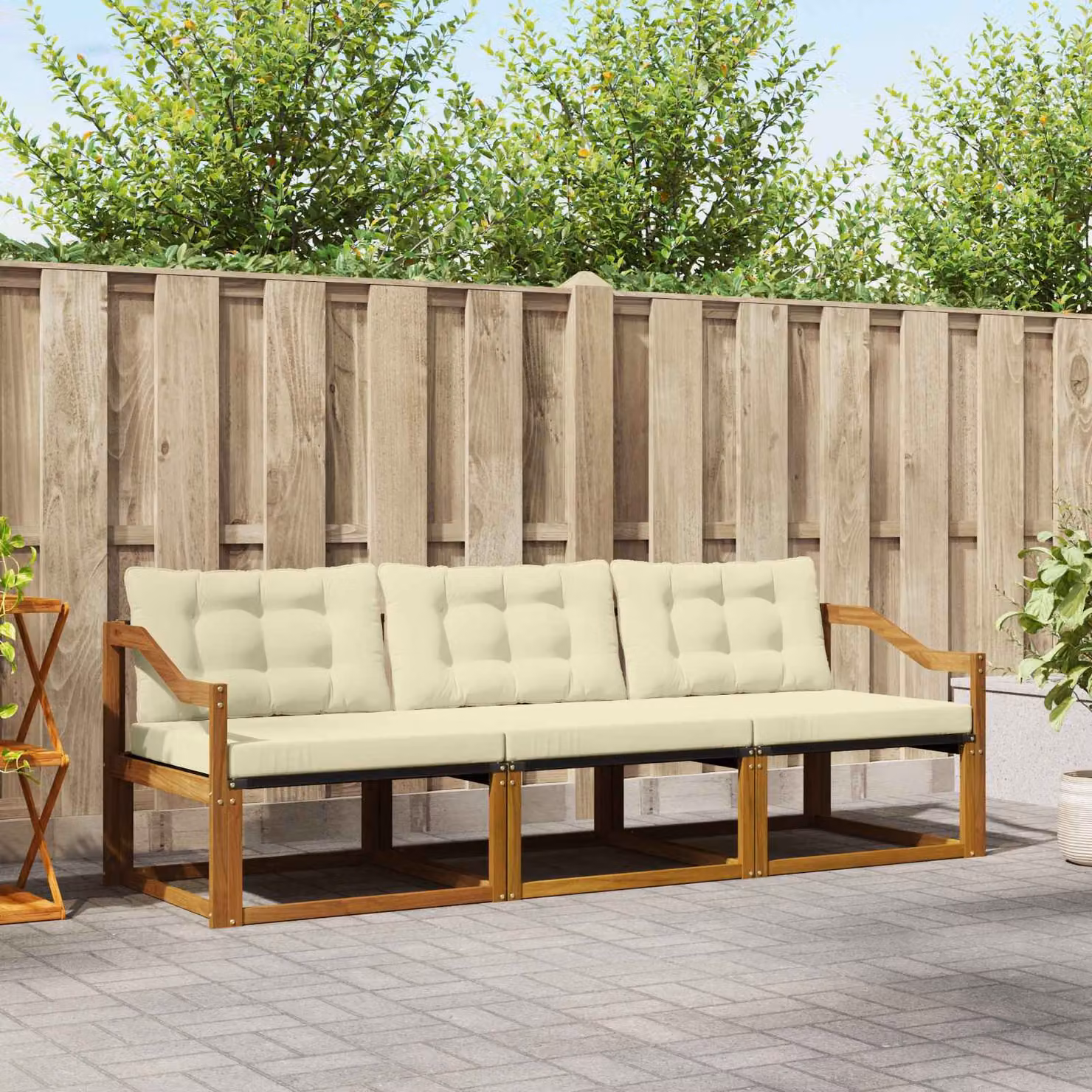 Set di divani da esterno vidaXL in legno di acacia e textilene, 3 pezzi, Beige e Bianco