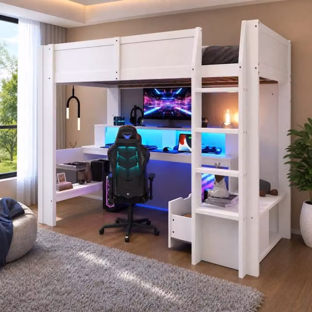 Letto a soppalco bianco 90x200 cm con scrivania, cassetti, scaffali e luci LED, senza materasso