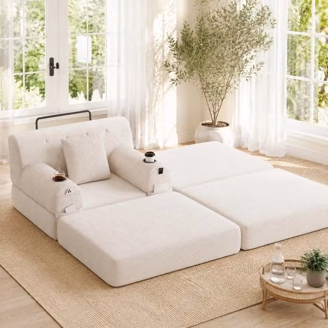 Poltrona letto singola MIVRAY in velluto a coste beige con schienale alto, struttura in metallo e imbottitura in schiuma per il tuo soggiorno