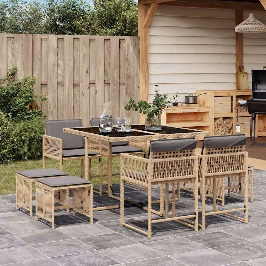 Set Pranzo da Giardino vidaXL 9 pz in Polyrattan con Cuscini Beige Misto e Tavolo in Vetro – 1