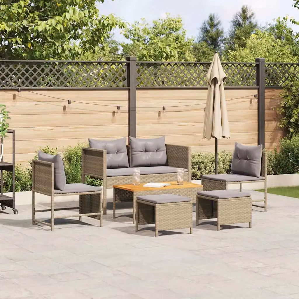Set Divano da Giardino vidaXL 6 Pezzi in Polyrattan con Tavolino e Pouf, Colore Beige e Grigio