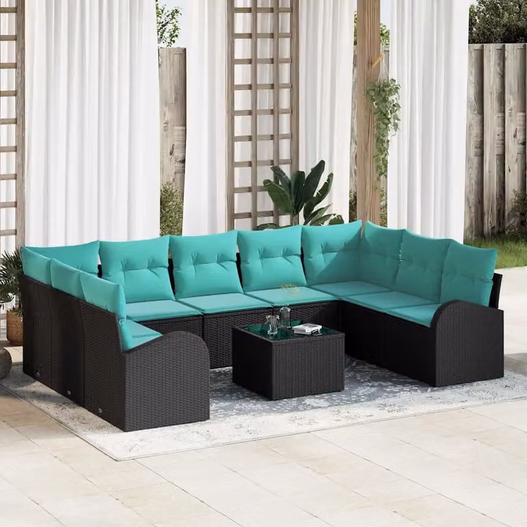 Set Divano da Giardino vidaXL 10 Pezzi a Forma di U con Tavolino, Colore Nero e Turchese, Struttura in Metallo e Polyrattan Resistente alle Intemperie