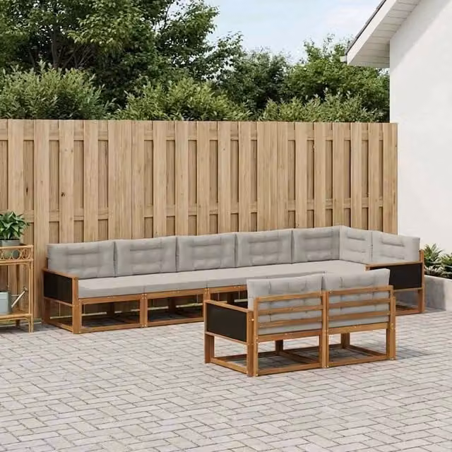Set di divani da esterno a forma di U vidaXL in legno di acacia con 8 pezzi, beige e grigio