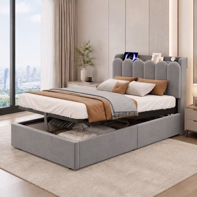 Letto imbottito per bambini 90x200 cm grigio con contenitore, USB, Type-C e luce