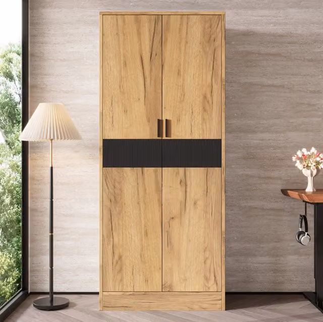 Armadio alto 60x35x160 cm in effetto rovere con ripiani regolabili e ante a chiusura ammortizzata