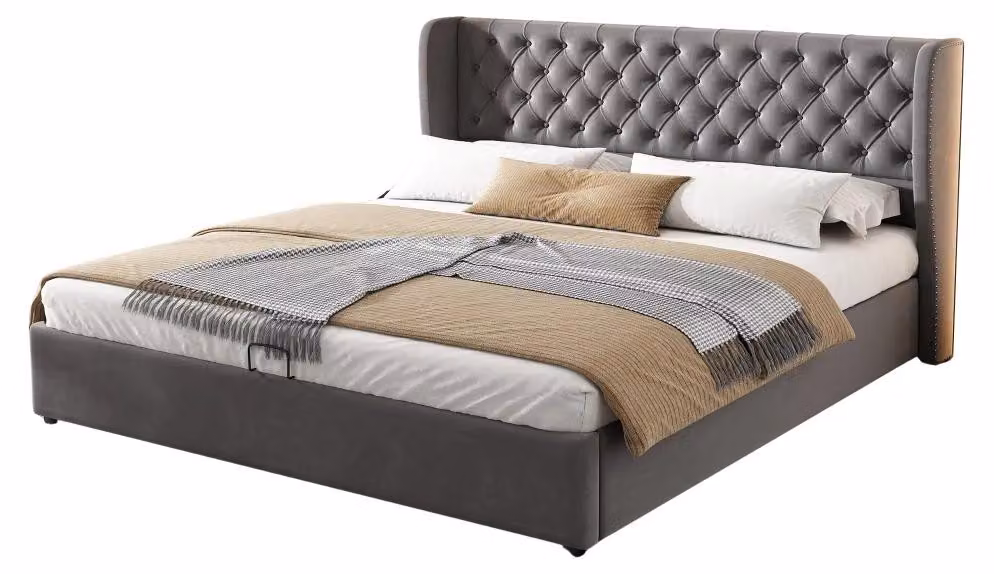 Letto a forma di orecchio - Letto matrimoniale 180x200 cm - Tessuto velluto - Contenitore a sollevamento idraulico - Struttura a listelli - Imbottito - Grigio