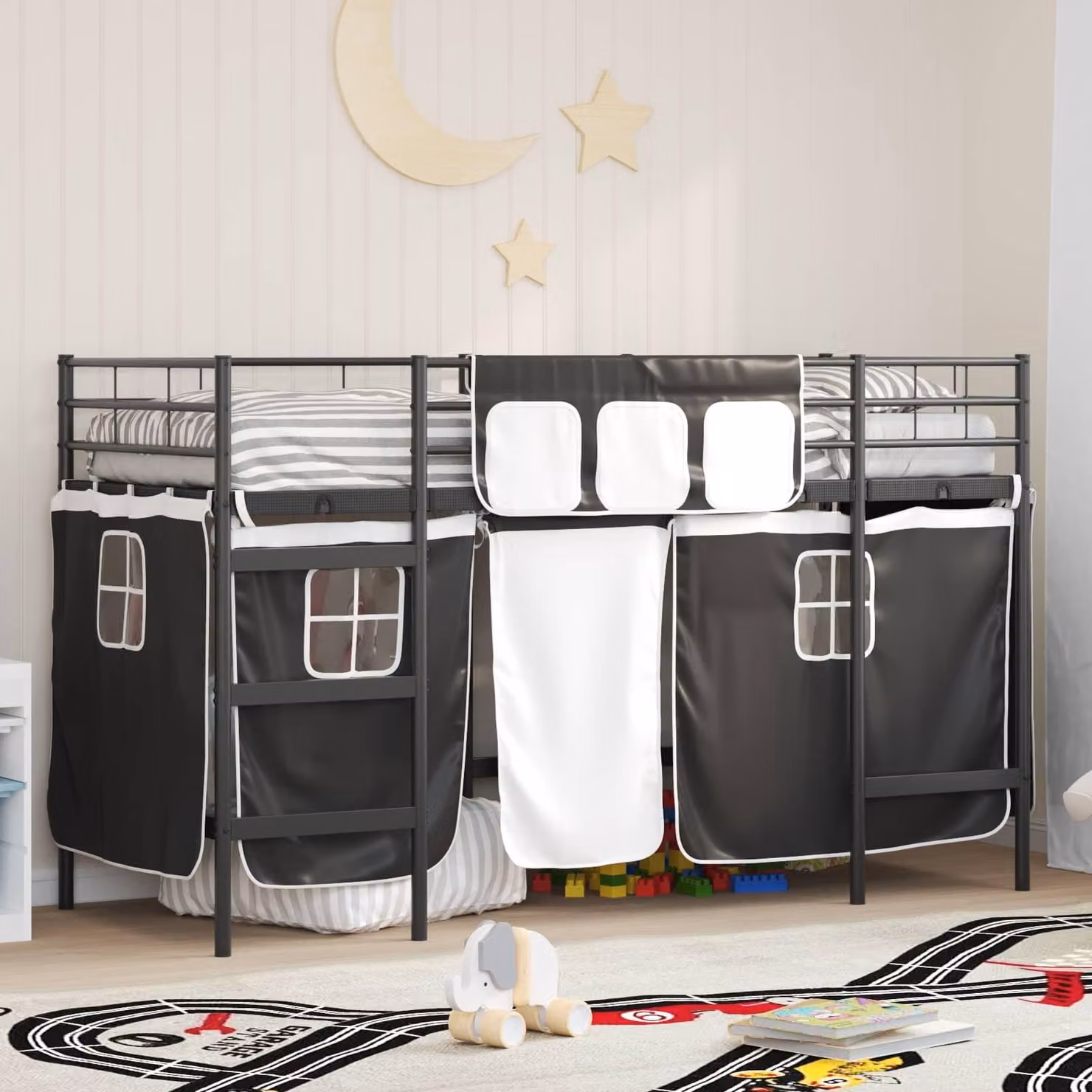 Letto a castello esclusivo per bambini, con tende in tessuto tinta unita, dimensioni 90 x 190 cm