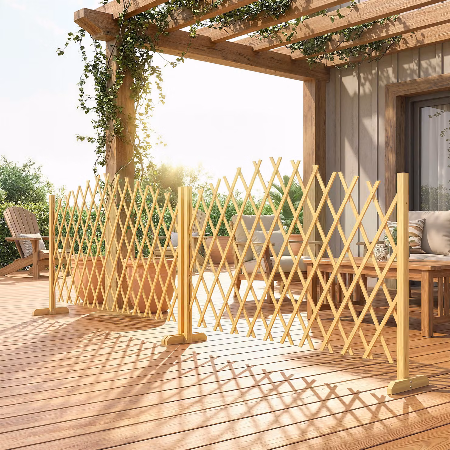 Set di 2 pannelli di recinzione estensibili Outsunny in legno marrone per decorazione giardino e terrazza L: 180 cm, P: 30 cm, H: 103 cm – 2