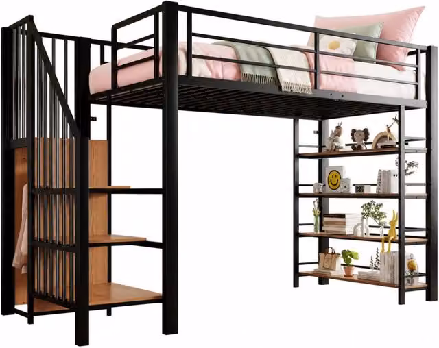 Letto a soppalco 90x200 cm con scala contenitore e guardaroba in metallo nero