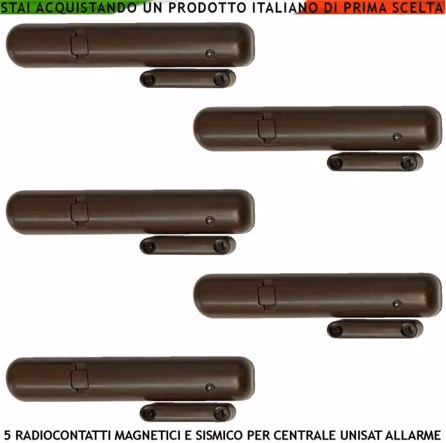 Set di 5 sensori magnetici e sismici per porte e finestre Securvera, tecnologia radio frequenza 868 MHz con codifica UNISAT2, due ingressi per sensori remoti, contaimpulsi regolabili tramite App, segnalazione LED, colore marrone