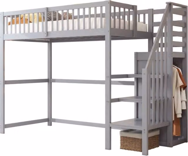 Letto a castello REDOM per bambini in legno e MDF grigio con scala e scomparti laterali L/P/H: 177.5 x 90 x 200 cm