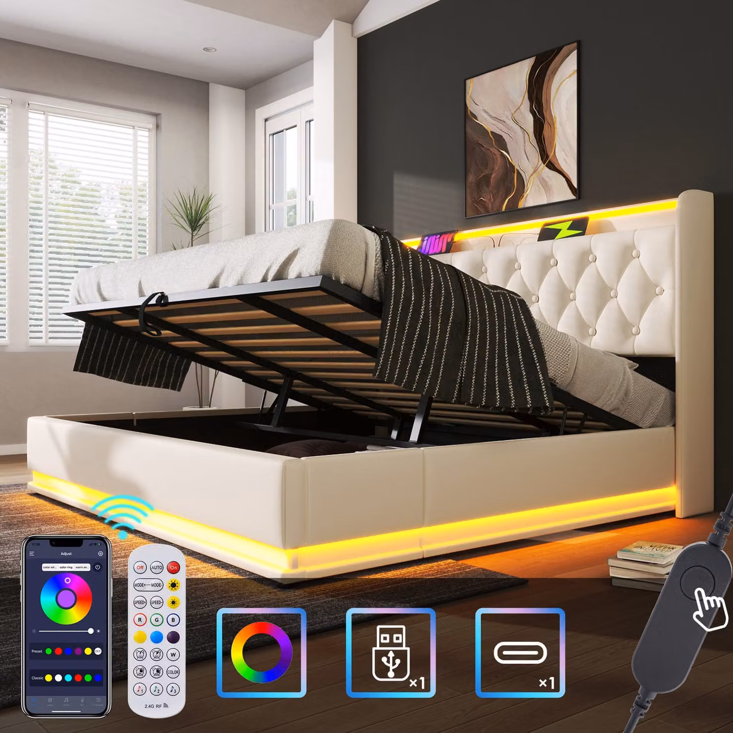 MODFU Letto a cassettone 180x200 cm - Letto per adulti con illuminazione a LED e funzione USB-C, letto imbottito in PU, senza materasso - Bianco