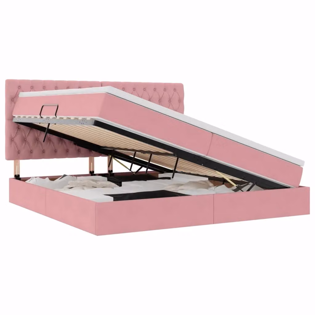 Letto con contenitore e illuminazione LED vidaXL in velluto rosa con materasso L/P/H: 200 x 200 x 7 cm – 2