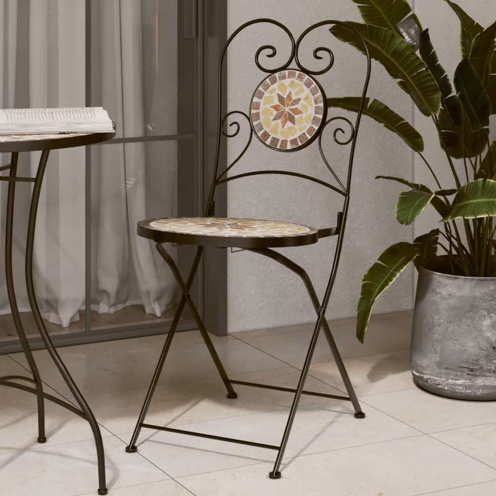 Set di 2 sedie pieghevoli vidaXL in metallo e ceramica per giardino e balcone, stile mediterraneo geometrico, multicolore (arancione e bianco)