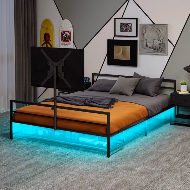 LETTO Gaming in Metallo Nero con Supporto Regolabile e Luci LED