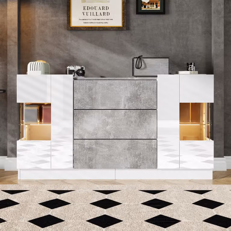 Credenza Flieks Credenza, illuminazione a LED con 16 colori, mobile da cucina con 2 ante e 3 cassetti, mobile per sala da pranzo soggiorno, bianco