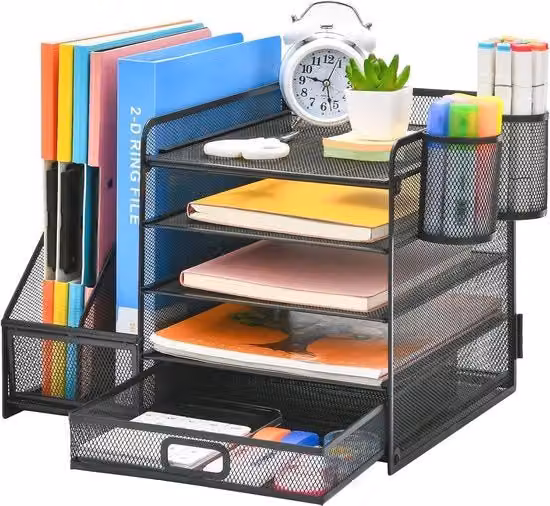 Organizzatore da scrivania multi-compartimento in metallo nero con supporto per carte e cassetto per lettere