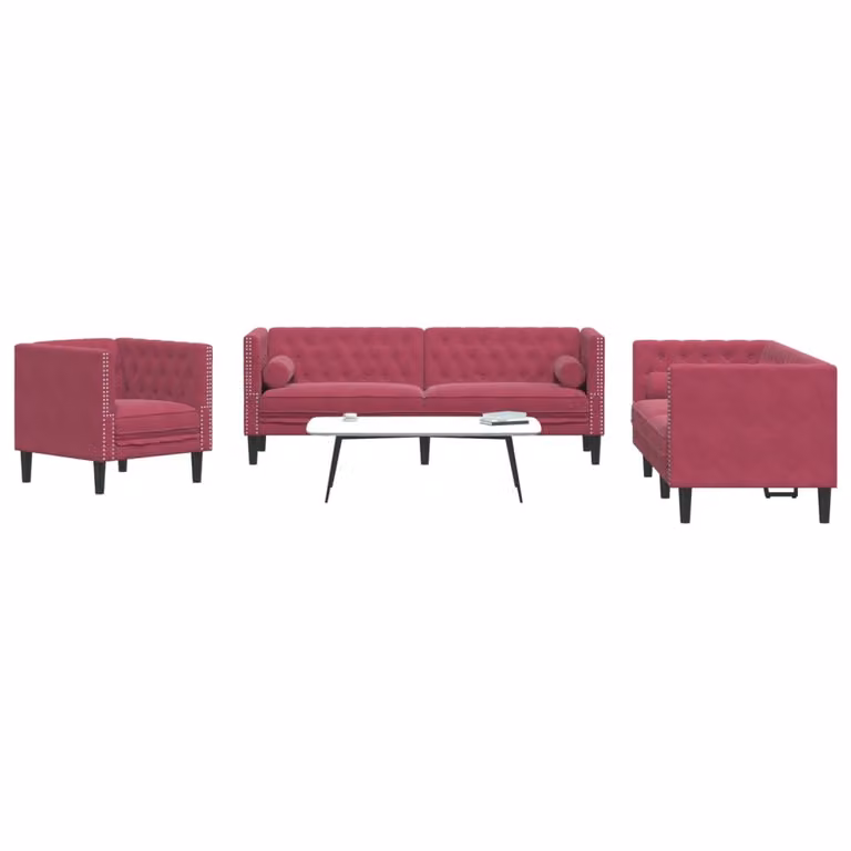 Maison Exclusive - Set divano Chesterfield a 3 posti con cuscini per il collo, in velluto bordeaux