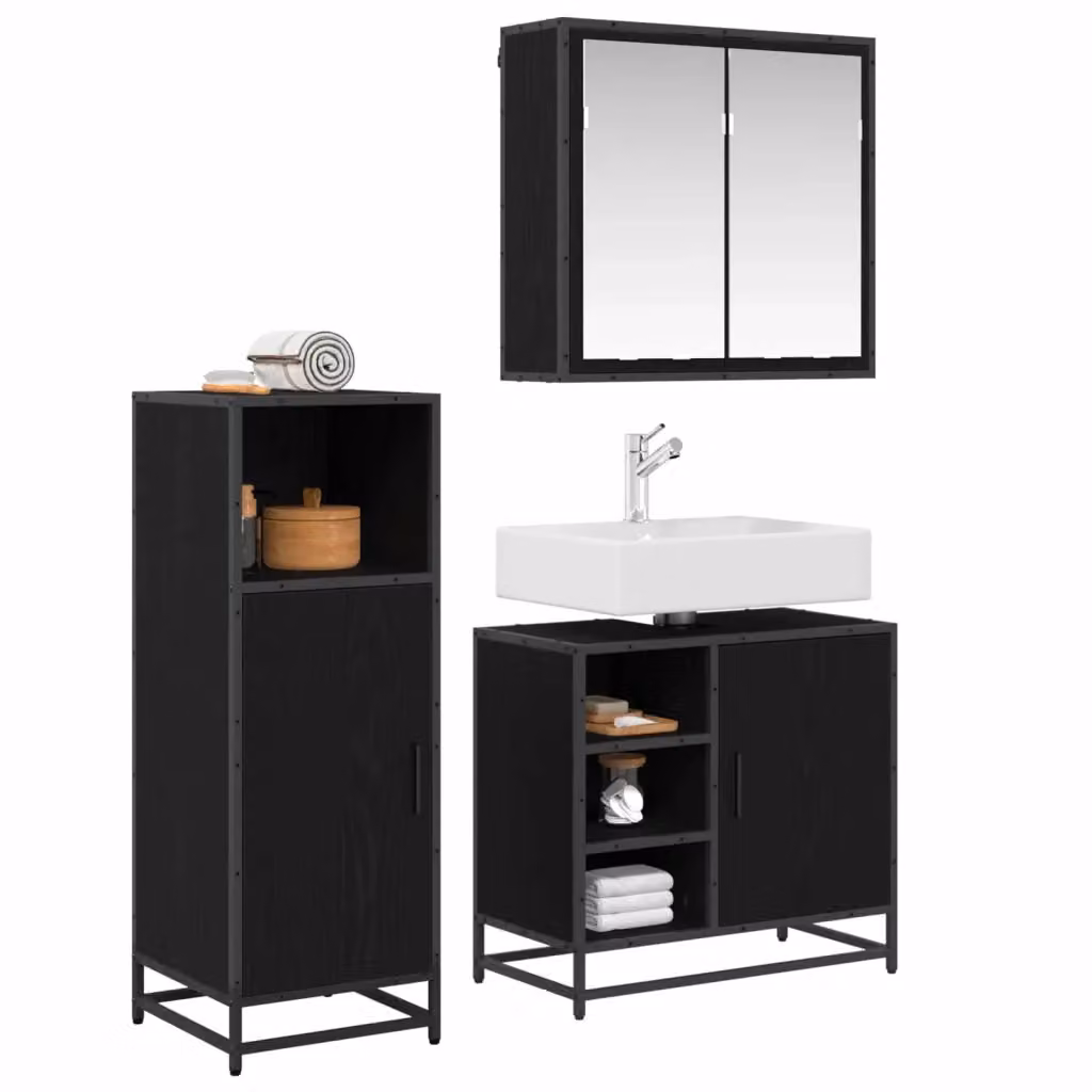 Set di mobili per il bagno moderno vidaXL 3 pezzi in legno e metallo nero L: 65 cm, P: 33 cm, H: 60 cm – 2