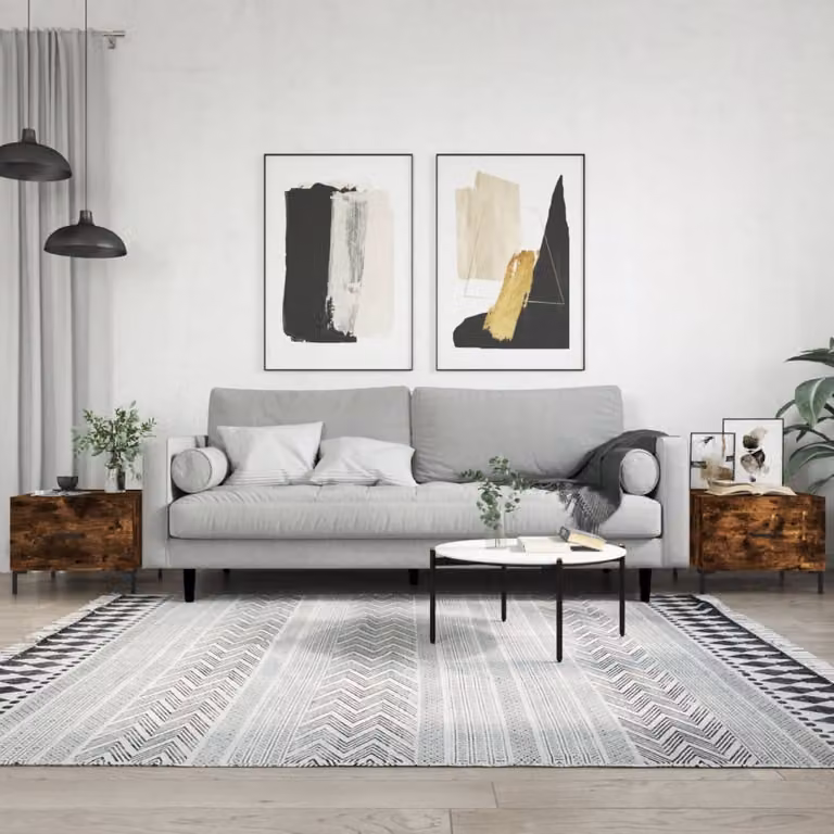 Set di 2 tavolini da salotto vidaXL in legno multistrato e metallo, colore rovere fumo e bianco, design moderno a incastro, L/P/H: 50 x 50 x 40 cm