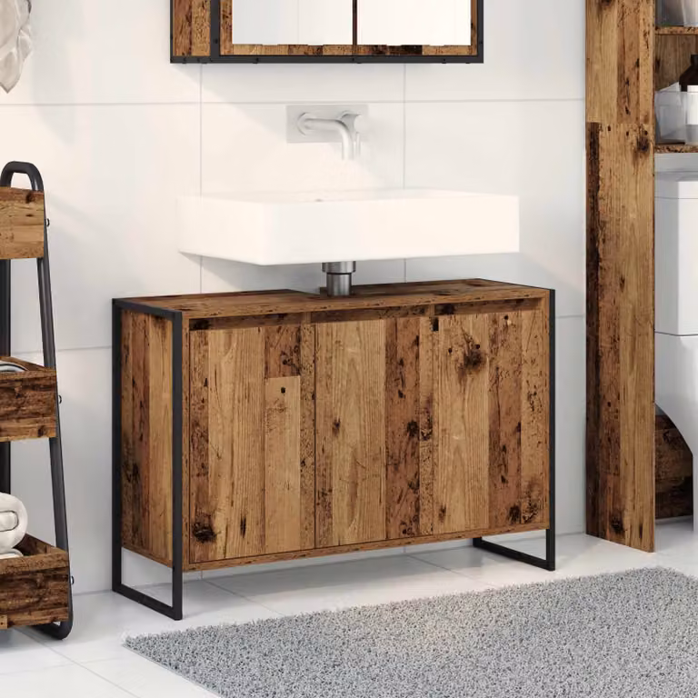 Mobile da bagno vidaXL in stile industriale color marrone con ante a cerniera, L: 90 cm, P: 30 cm, H: 60 cm
