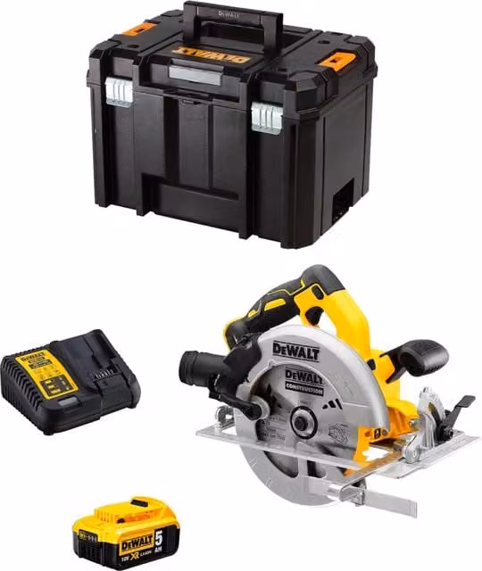 Sega Circolare DeWalt DCS570P1T Gialla con Batteria da 5,0 Ah, Caricabatterie DCB115 e Contenitore TSTAK VI