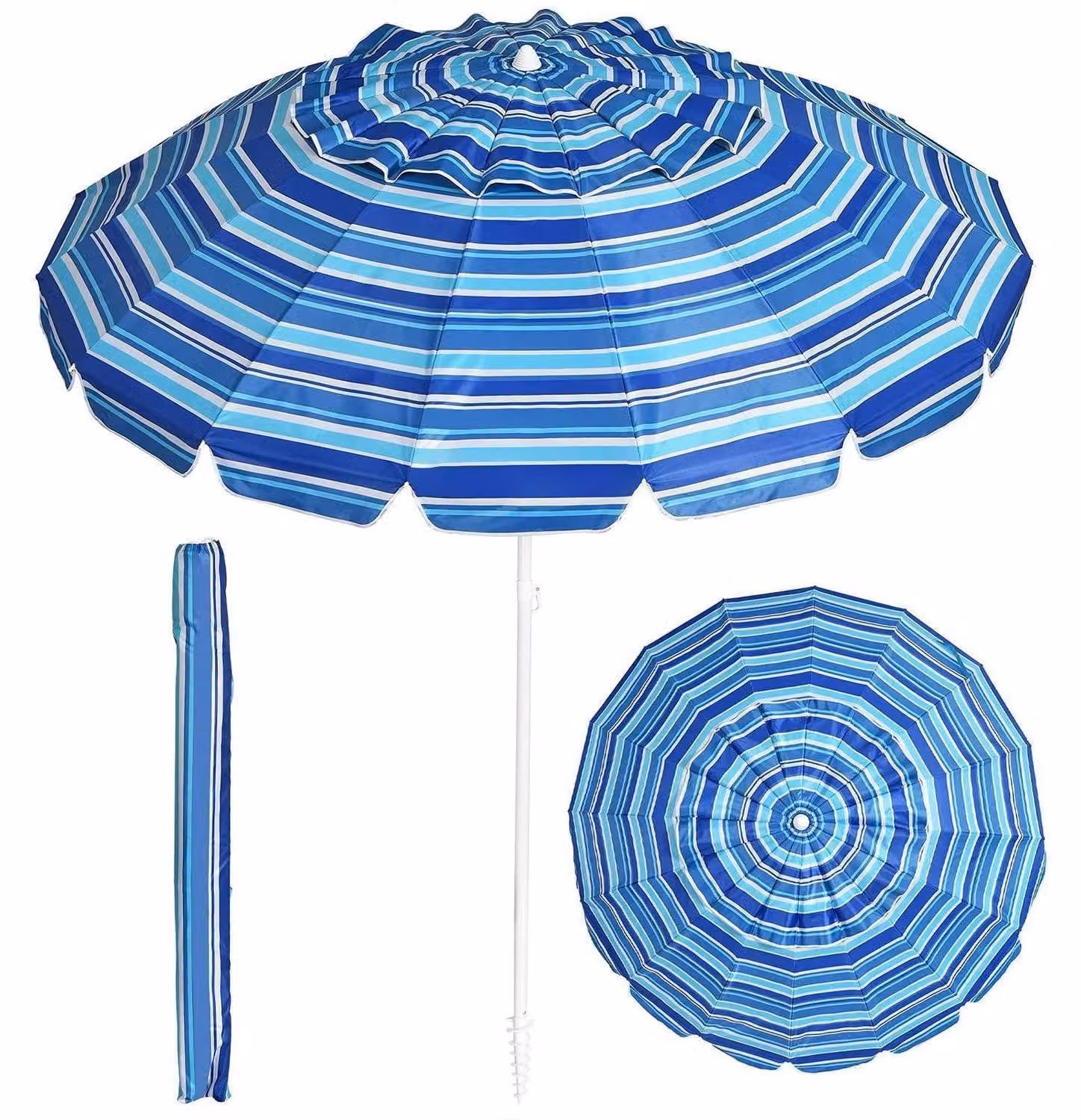 Ombrellone pieghevole con protezione UV 50+, colore blu, altezza 220 cm, completo di base per l'ancoraggio e copertura protettiva