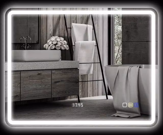 Specchio da bagno WISHDOR con LED, Bluetooth, orologio e funzione antiappannamento, L: 70 cm, H: 90 cm, argento – 1