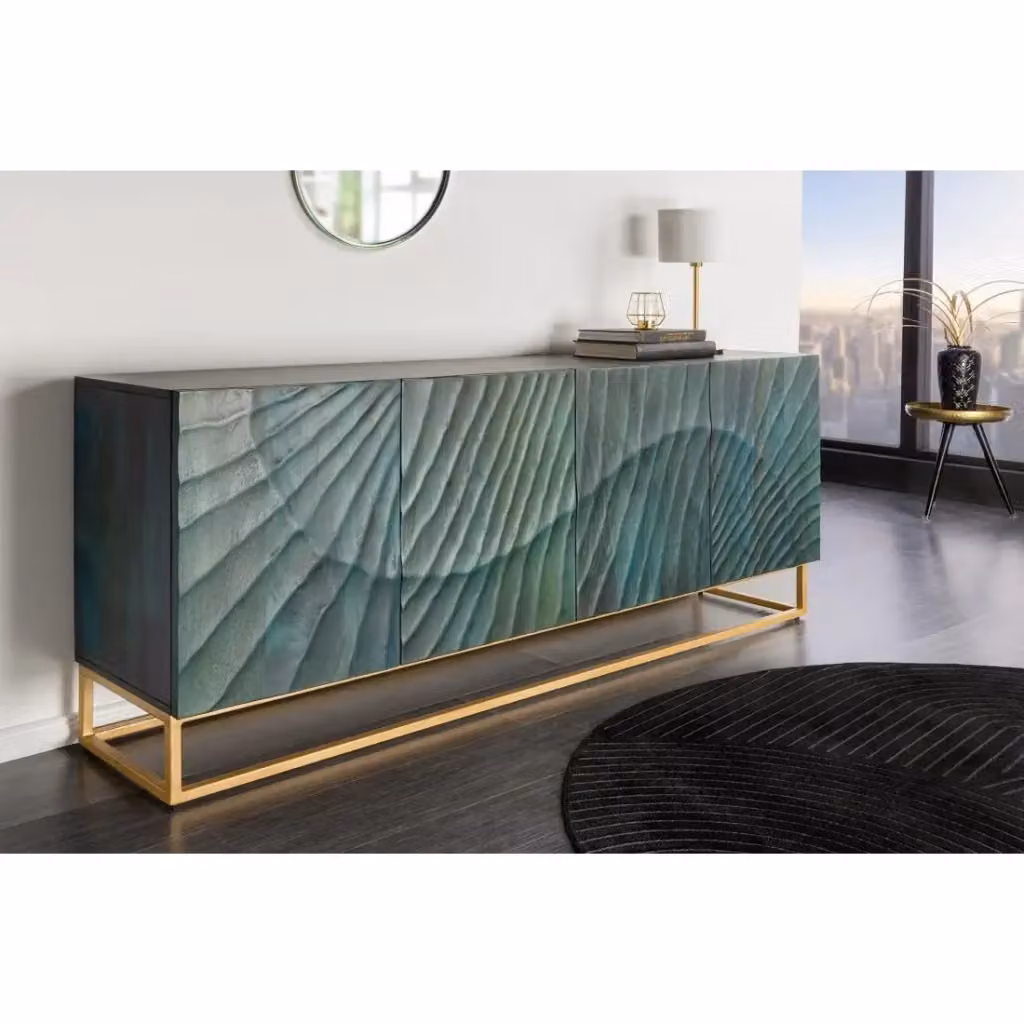 Buffet LUMBER Meublorama in legno di mango con dettagli in metallo, design contemporaneo astratto, colore turchese e oro – 2