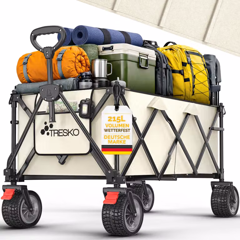 Carrello pieghevole TRESKO® da 215 litri con freno | Carrello pieghevole da 150 kg con ruote in gomma piena | Carrello da spiaggia pieghevole con ruote fuoristrada extra larghe | Carrello da trasporto con borsa per il trasporto