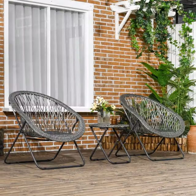Set da balcone pieghevole MODFU composto da tavolino rotondo e 2 sedie in rattan grigio