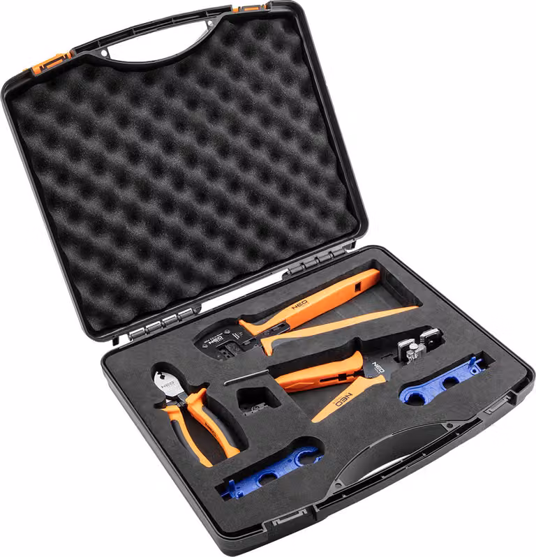 NEO TOOLS set di utensili per il fotovoltaico 5 pezzi, acciaio al cromo vanadio, pinza spelafili, pinza crimpatrice per connettori MC4, chiave per connettori MC4/MC3 e taglierina per cavi
