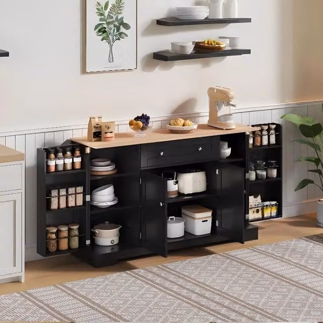 Credenza da cucina con cassetto e ripiani regolabili in MDF nero con protezione antiribaltamento