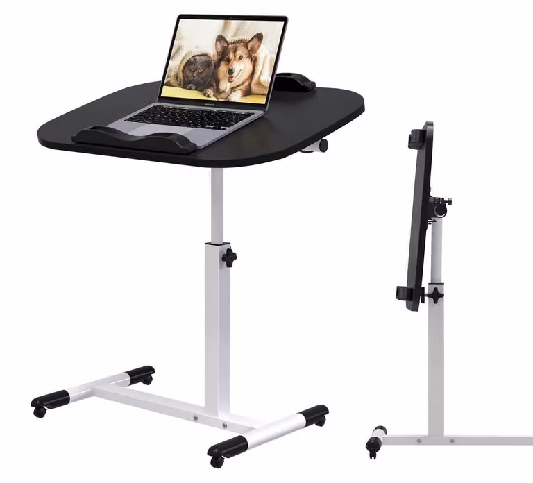 Tavolo portatile per laptop con rotelle, dimensioni 60x40 cm, altezza regolabile da 69 a 95 cm, pieghevole, piano girevole, colore nero