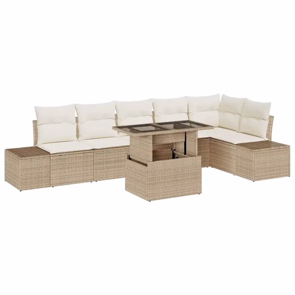 Set Divano da Giardino a L vidaXL in Polyrattan Beige con 7 Pezzi e Tavolino da Caffè in Vetro – 2