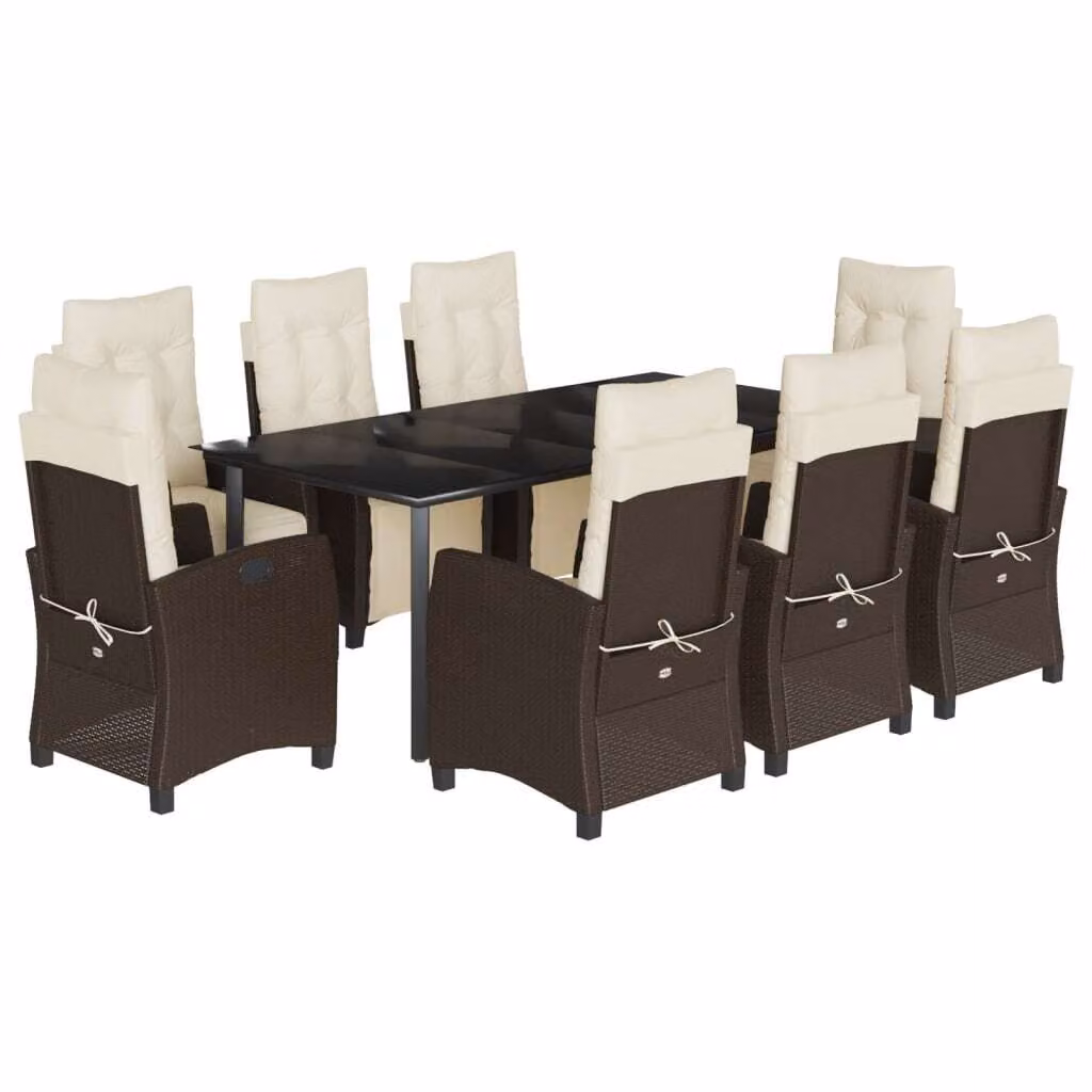 Set da Pranzo da Giardino 9pz con Cuscini Marrone in Polyrattan