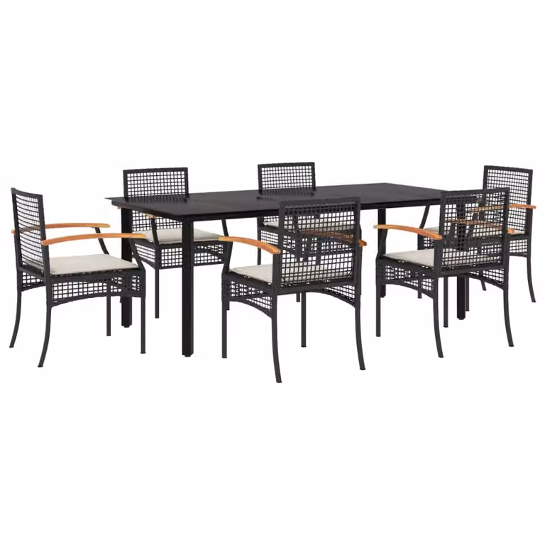 Set da Pranzo da Giardino 7 pz Nero con Cuscini in Polyrattan