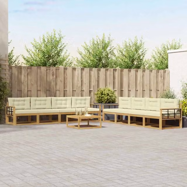 Set di mobili da giardino vidaXL composto da 9 pezzi con divani, tavolino da caffè e cuscini in tessuto bianco e beige con struttura in legno di acacia trattato – 1