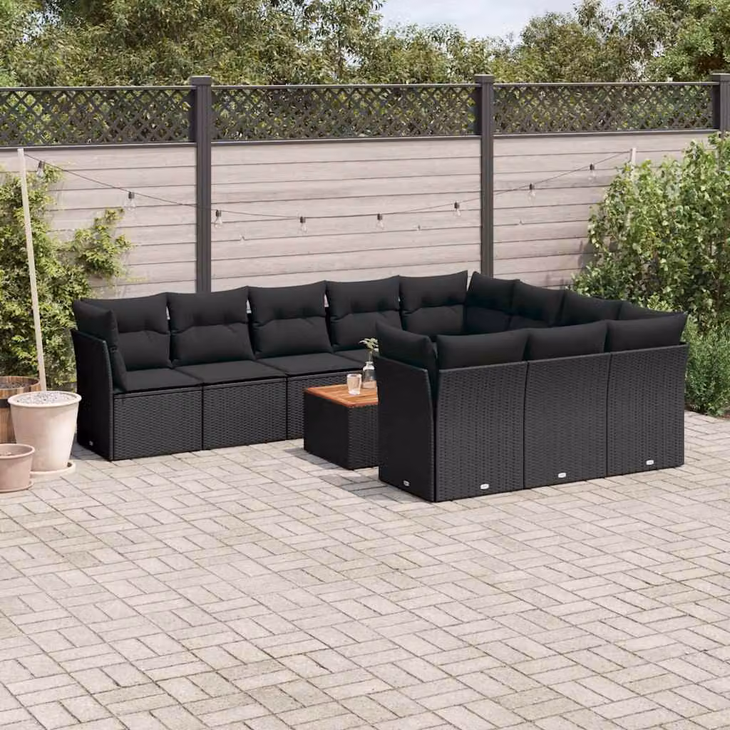 vidaXL Set Divani da Giardino 11 pz in Polyrattan Nero con Cuscini e Tavolino da Esterno – 1