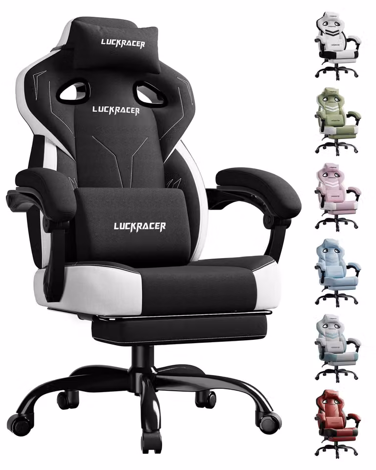GTPLAYER sedia da gioco Poltrona ergonomica da gioco Sedia da scrivania Sedia da corsa per PC gamer con superficie in tessuto, cuscino di seduta in piuma con poggiapiedi nero