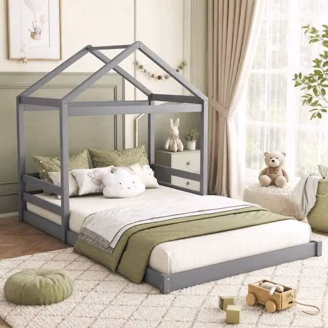Letto a forma di casa ULEVR 140x200 cm in pino e MDF con rete a doghe, grigio, senza materasso